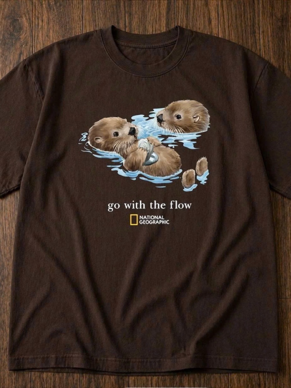 National Geographic Brown Tee with Playful Otter Pair and Blue Water